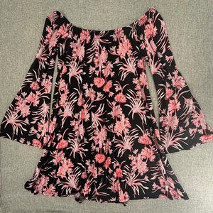 Express Floral Mini Dress Floral‎ Off The Shoulder Long Bell Sleeves Small Rayon